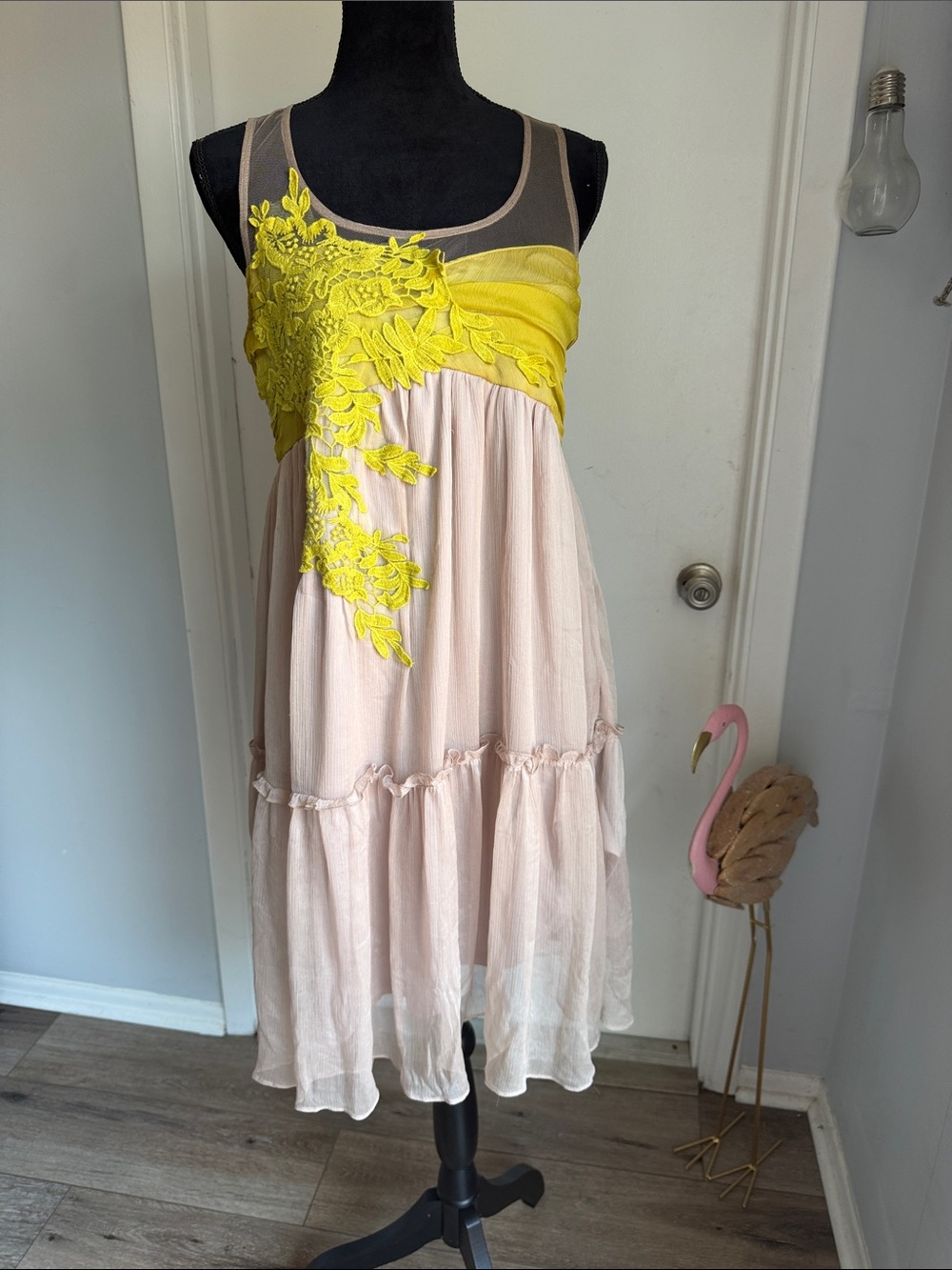Alter’d State Sleeveless Layered Dress with Neon Yellow Appliqué